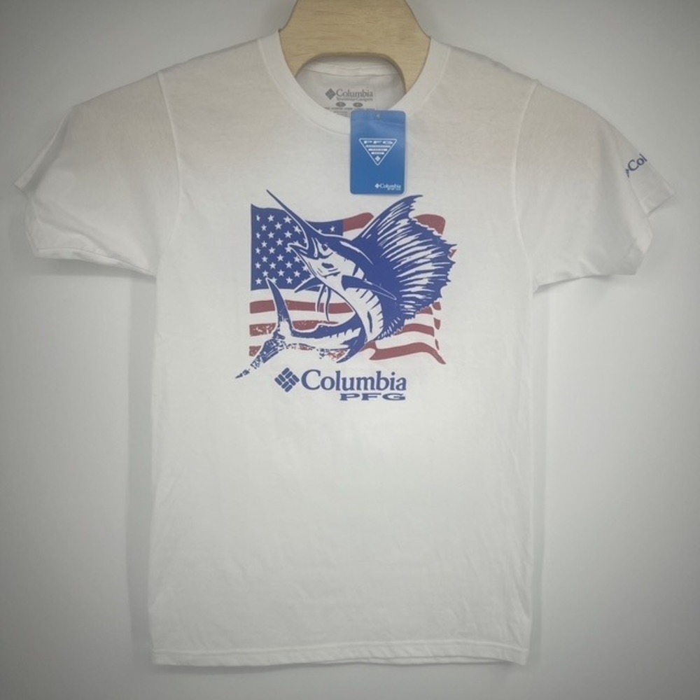NWT Columbia PFG Men's Sailfish American Flag White‎ Graphic T-Shirt Size Small